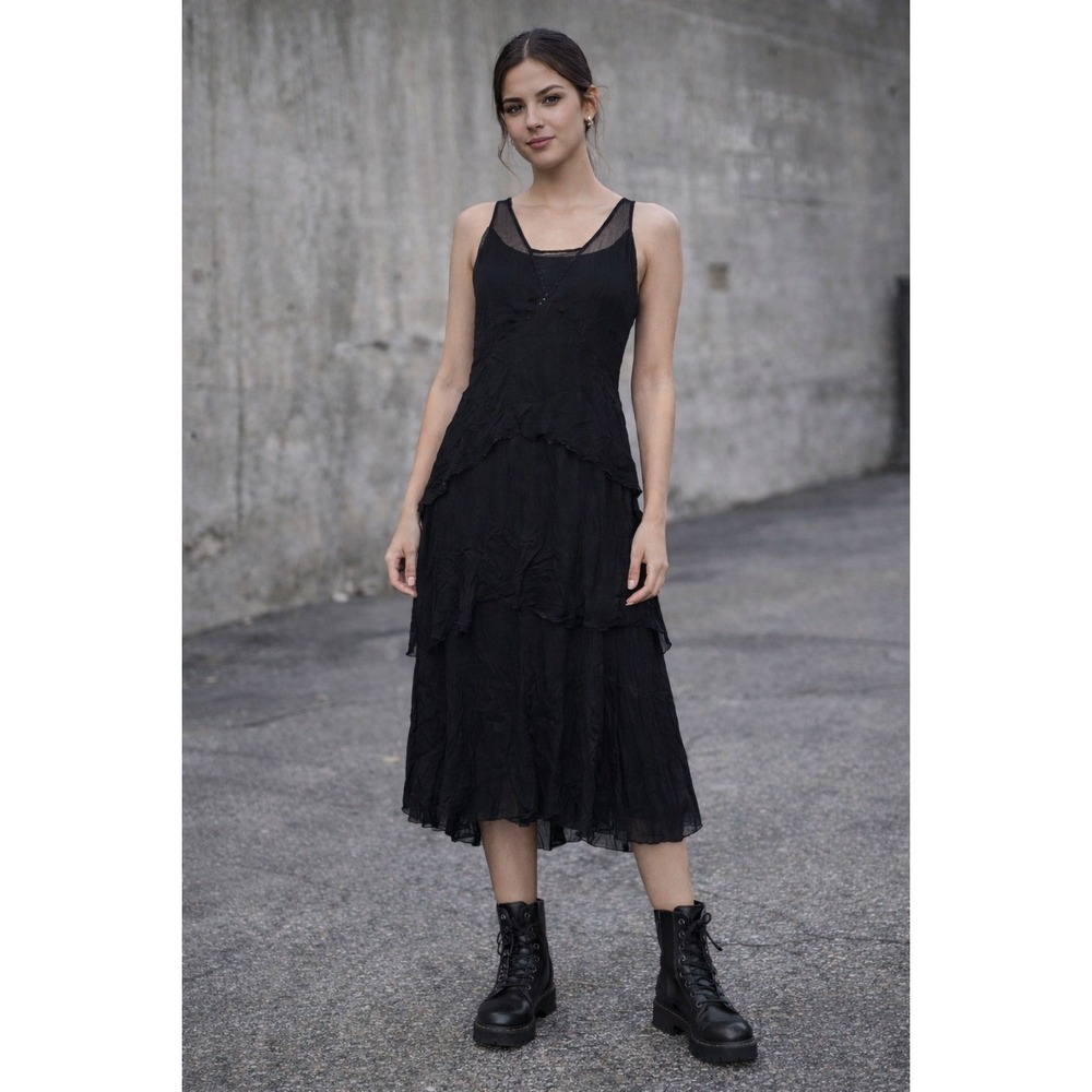 Saja 100% Silk Whimsigoth Boho Dress S Black Fairy Grunge Tiered‎ Witchy Beaded